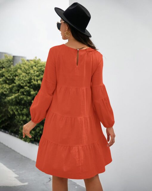 Long Puff Sleeve Shirt Dress Casual Crewneck Loose Fit Sundress Trendy Tiered Layer Summer Mini Dresses - Image 2