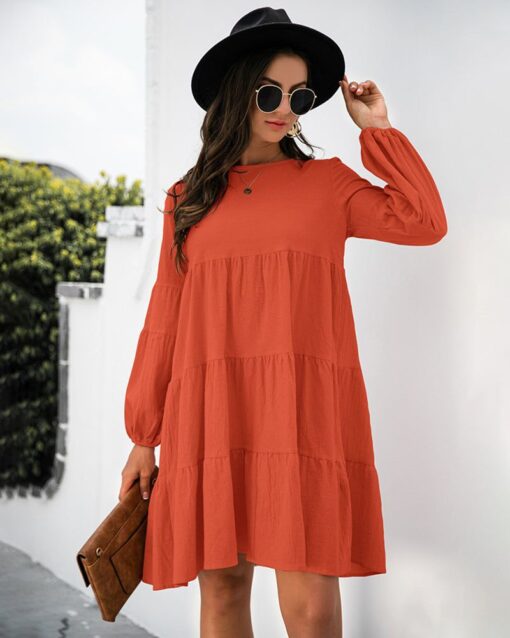 Long Puff Sleeve Shirt Dress Casual Crewneck Loose Fit Sundress Trendy Tiered Layer Summer Mini Dresses - Image 3