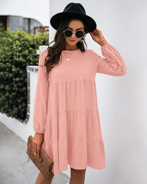 Long Puff Sleeve Shirt Dress Casual Crewneck Loose Fit Sundress Trendy Tiered Layer Summer Mini Dresses - Image 12