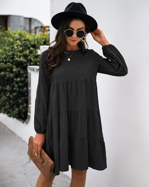 Long Puff Sleeve Shirt Dress Casual Crewneck Loose Fit Sundress Trendy Tiered Layer Summer Mini Dresses - Image 21