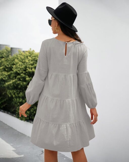 Long Puff Sleeve Shirt Dress Casual Crewneck Loose Fit Sundress Trendy Tiered Layer Summer Mini Dresses - Image 14