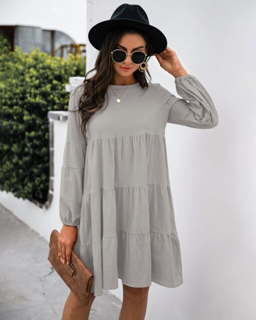 Long Puff Sleeve Shirt Dress Casual Crewneck Loose Fit Sundress Trendy Tiered Layer Summer Mini Dresses - Image 18