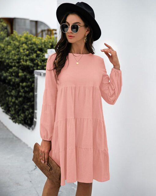 Long Puff Sleeve Shirt Dress Casual Crewneck Loose Fit Sundress Trendy Tiered Layer Summer Mini Dresses - Image 11