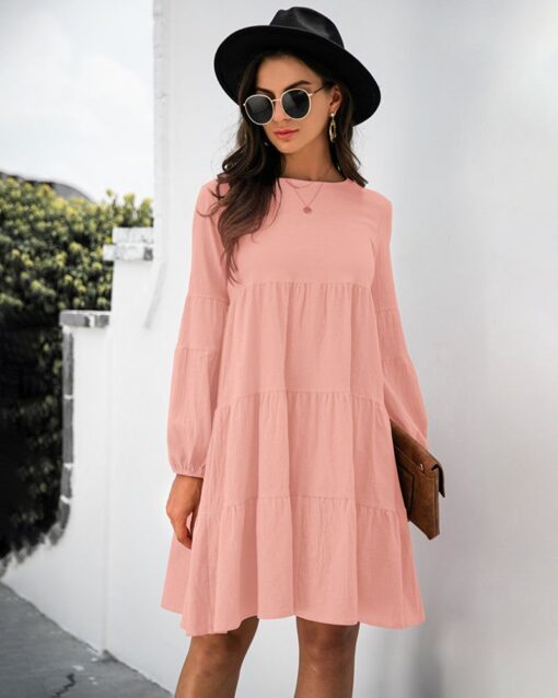 Long Puff Sleeve Shirt Dress Casual Crewneck Loose Fit Sundress Trendy Tiered Layer Summer Mini Dresses - Image 9