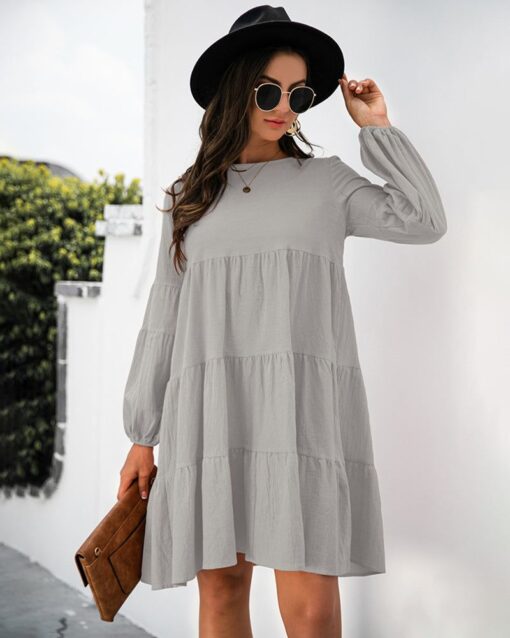 Long Puff Sleeve Shirt Dress Casual Crewneck Loose Fit Sundress Trendy Tiered Layer Summer Mini Dresses - Image 15