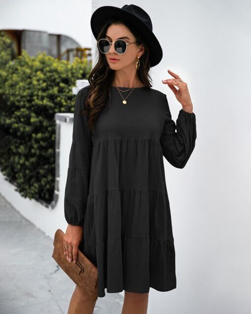 Long Puff Sleeve Shirt Dress Casual Crewneck Loose Fit Sundress Trendy Tiered Layer Summer Mini Dresses - Image 19