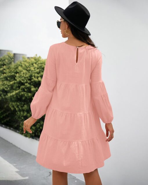 Long Puff Sleeve Shirt Dress Casual Crewneck Loose Fit Sundress Trendy Tiered Layer Summer Mini Dresses - Image 8