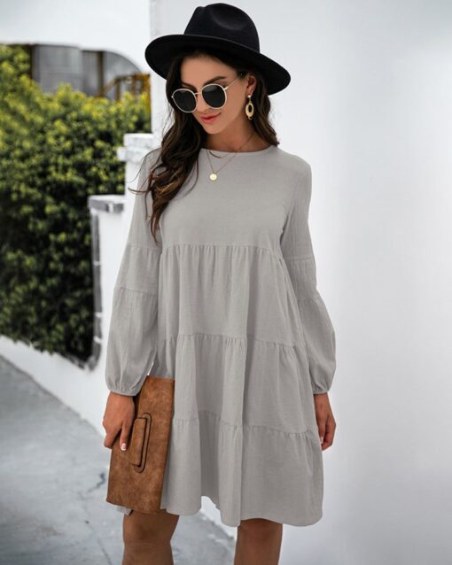 Long Puff Sleeve Shirt Dress Casual Crewneck Loose Fit Sundress Trendy Tiered Layer Summer Mini Dresses - Image 13