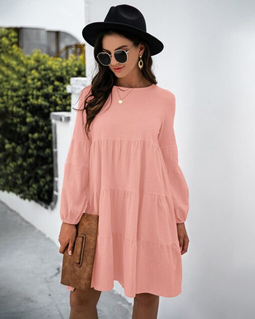 Long Puff Sleeve Shirt Dress Casual Crewneck Loose Fit Sundress Trendy Tiered Layer Summer Mini Dresses - Image 10