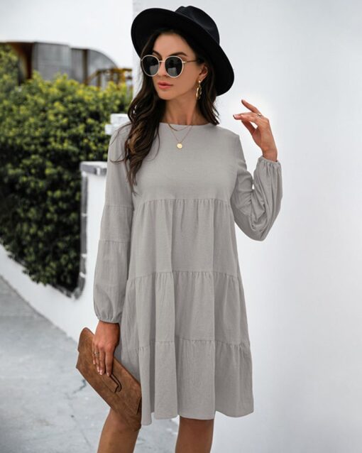 Long Puff Sleeve Shirt Dress Casual Crewneck Loose Fit Sundress Trendy Tiered Layer Summer Mini Dresses - Image 17