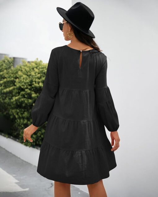 Long Puff Sleeve Shirt Dress Casual Crewneck Loose Fit Sundress Trendy Tiered Layer Summer Mini Dresses - Image 20