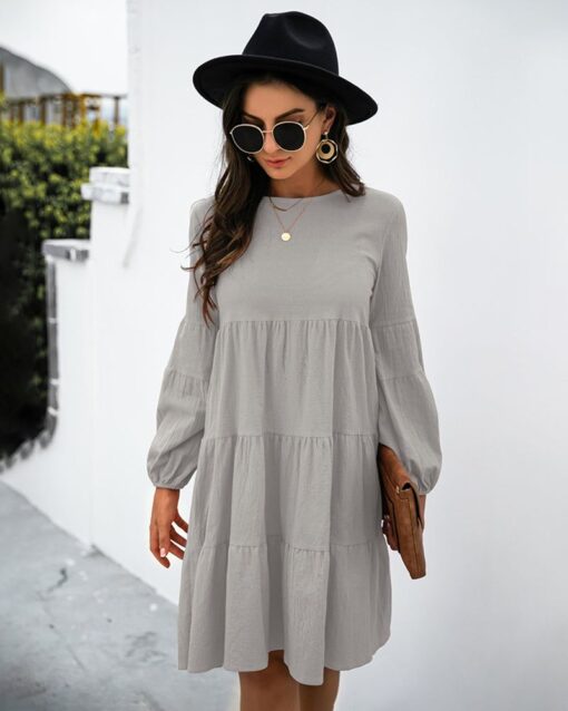 Long Puff Sleeve Shirt Dress Casual Crewneck Loose Fit Sundress Trendy Tiered Layer Summer Mini Dresses - Image 16