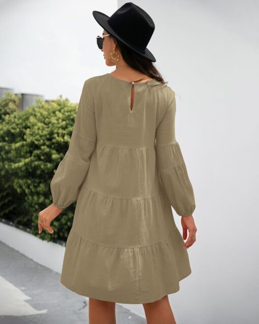 Long Puff Sleeve Shirt Dress Casual Crewneck Loose Fit Sundress Trendy Tiered Layer Summer Mini Dresses - Image 26