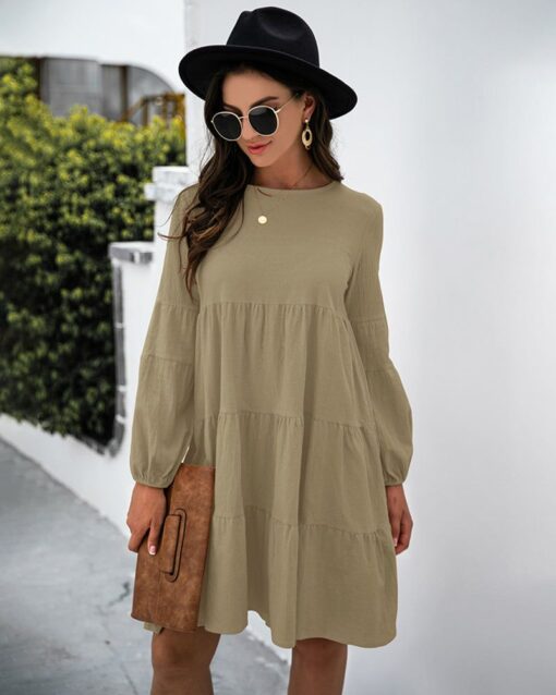 Long Puff Sleeve Shirt Dress Casual Crewneck Loose Fit Sundress Trendy Tiered Layer Summer Mini Dresses - Image 28