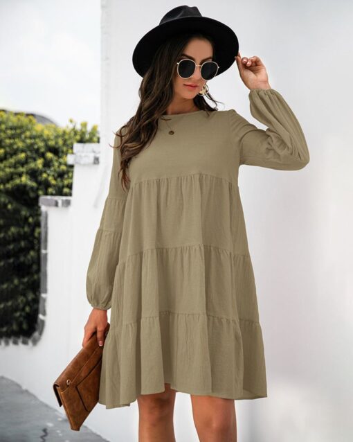 Long Puff Sleeve Shirt Dress Casual Crewneck Loose Fit Sundress Trendy Tiered Layer Summer Mini Dresses - Image 27