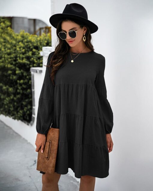 Long Puff Sleeve Shirt Dress Casual Crewneck Loose Fit Sundress Trendy Tiered Layer Summer Mini Dresses - Image 22