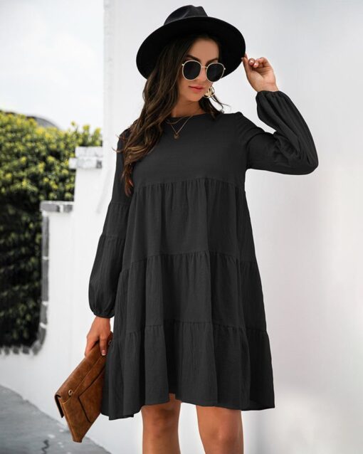 Long Puff Sleeve Shirt Dress Casual Crewneck Loose Fit Sundress Trendy Tiered Layer Summer Mini Dresses - Image 24