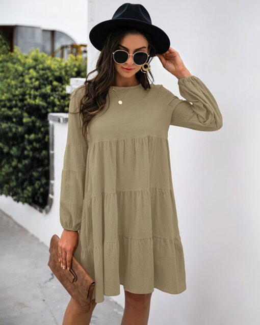 Long Puff Sleeve Shirt Dress Casual Crewneck Loose Fit Sundress Trendy Tiered Layer Summer Mini Dresses - Image 30