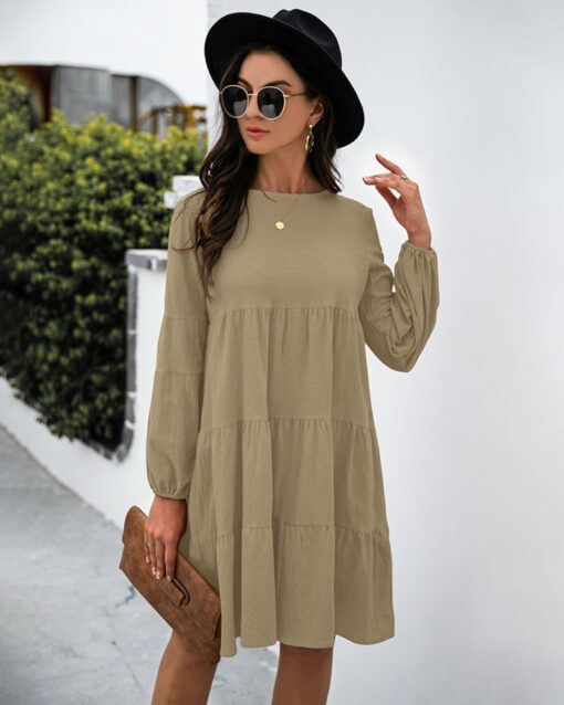 Long Puff Sleeve Shirt Dress Casual Crewneck Loose Fit Sundress Trendy Tiered Layer Summer Mini Dresses - Image 29