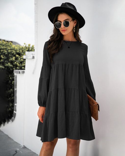 Long Puff Sleeve Shirt Dress Casual Crewneck Loose Fit Sundress Trendy Tiered Layer Summer Mini Dresses - Image 23