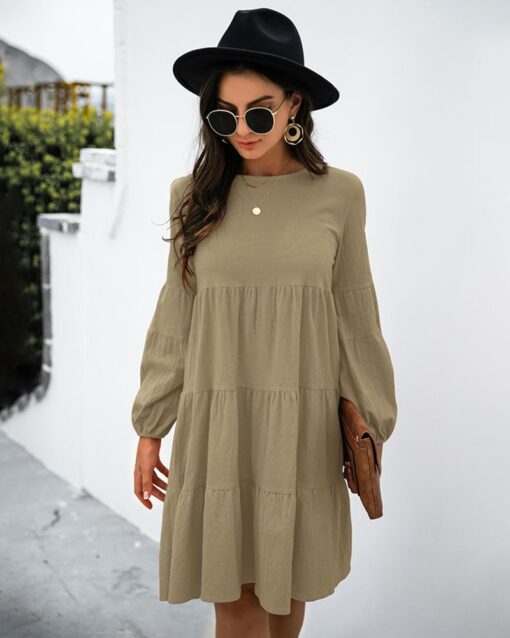 Long Puff Sleeve Shirt Dress Casual Crewneck Loose Fit Sundress Trendy Tiered Layer Summer Mini Dresses - Image 25