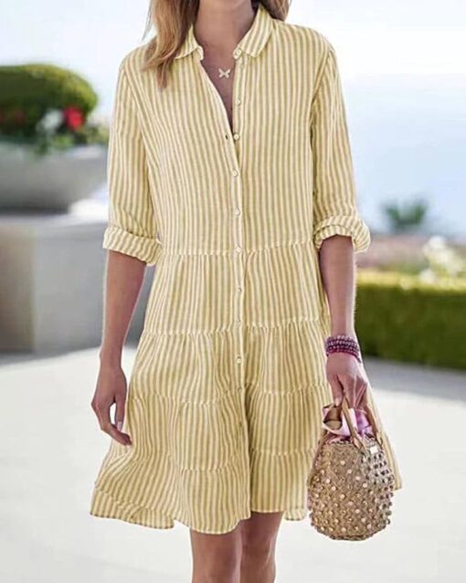 Long Sleeve Lapel Stripe Layered Panel Hem Shirt Dress - Image 3