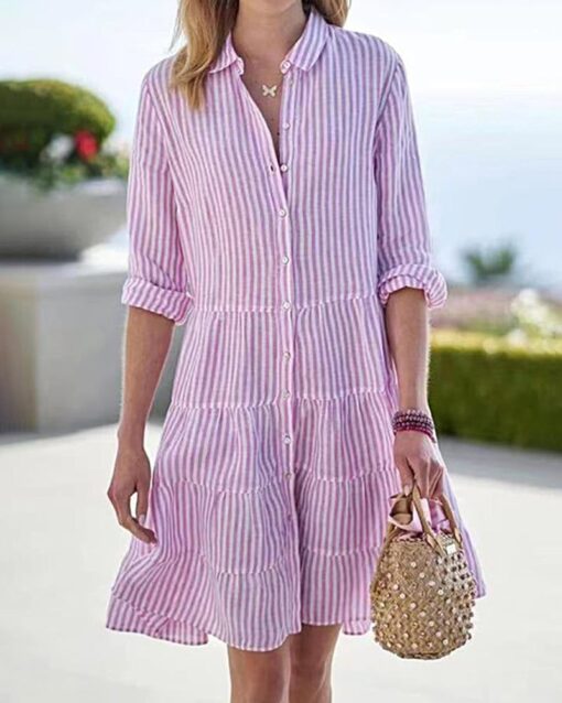 Long Sleeve Lapel Stripe Layered Panel Hem Shirt Dress - Image 2