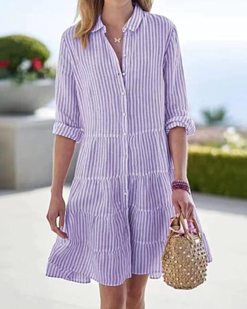 Long Sleeve Lapel Stripe Layered Panel Hem Shirt Dress - Image 10