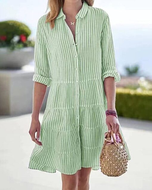 Long Sleeve Lapel Stripe Layered Panel Hem Shirt Dress - Image 6