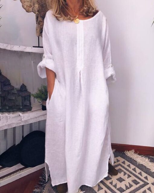 Long Sleeve Solid Color Plus Size Loose Fit Maxi Dress Round Neck Button Up Dresses with Pocket - Image 9