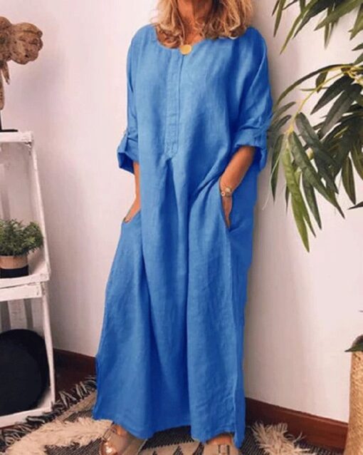 Long Sleeve Solid Color Plus Size Loose Fit Maxi Dress Round Neck Button Up Dresses with Pocket