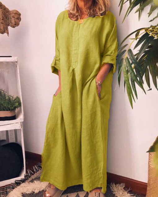 Long Sleeve Solid Color Plus Size Loose Fit Maxi Dress Round Neck Button Up Dresses with Pocket - Image 4