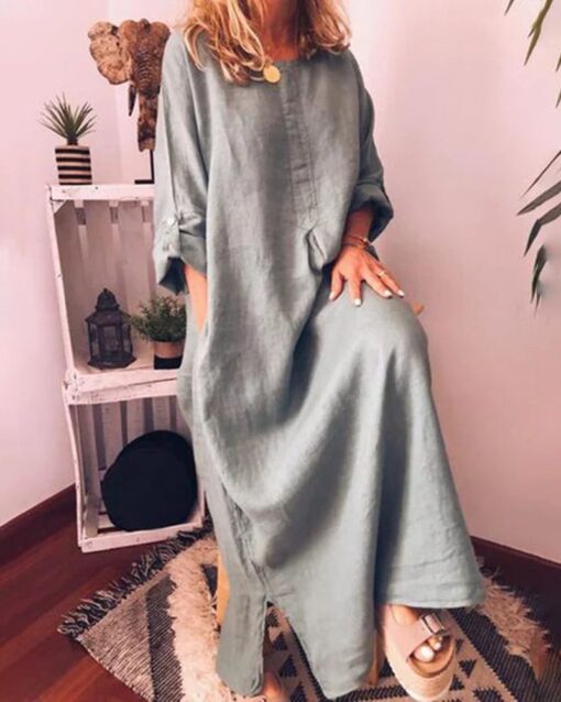 Long Sleeve Solid Color Plus Size Loose Fit Maxi Dress Round Neck Button Up Dresses with Pocket - Image 6