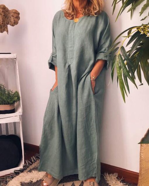 Long Sleeve Solid Color Plus Size Loose Fit Maxi Dress Round Neck Button Up Dresses with Pocket - Image 11