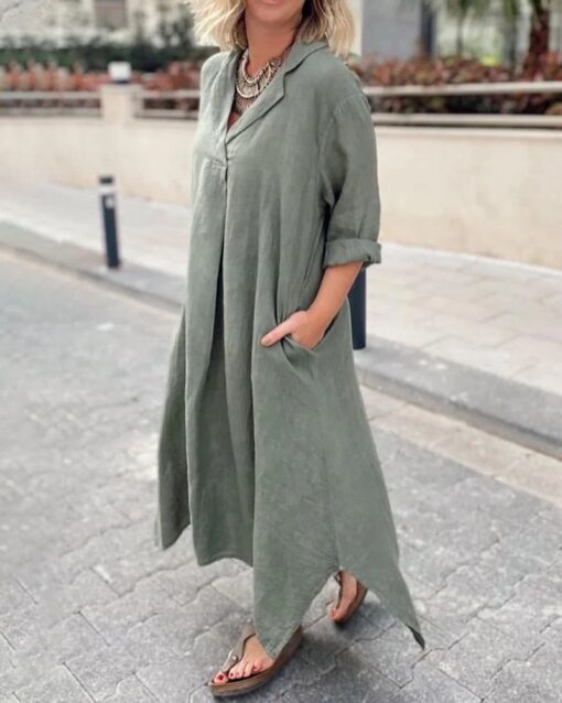 Long Sleeve Solid Color Plus Size Loose Fit Maxi Dress Round Neck Button Up Dresses with Pocket - Image 7