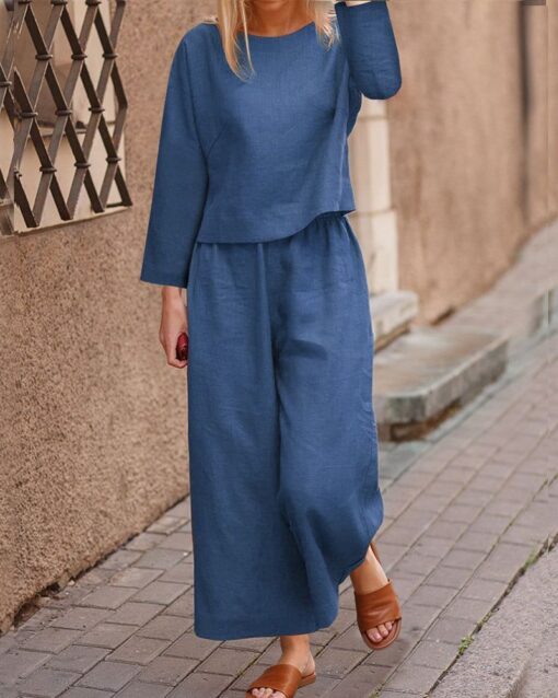 Long Sleeve Tops And Long Wide Leg Pants Casual Loose Fit Two Piece Loungewear Sets - Image 6