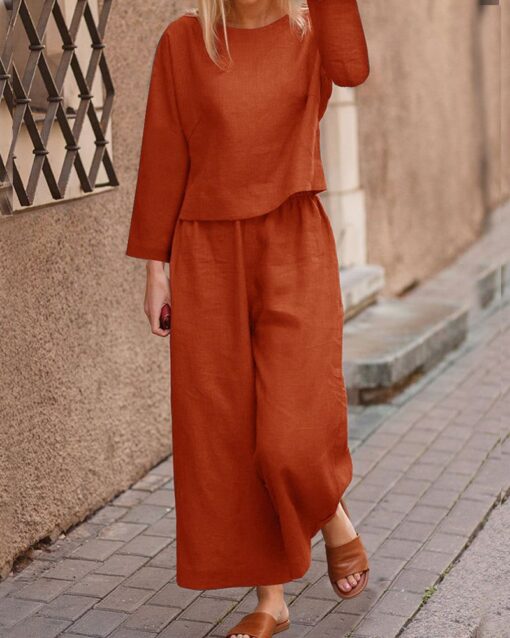 Long Sleeve Tops And Long Wide Leg Pants Casual Loose Fit Two Piece Loungewear Sets - Image 2