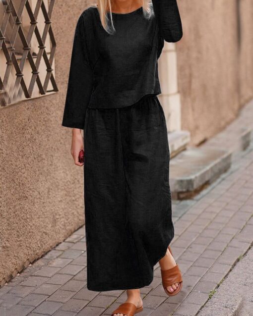 Long Sleeve Tops And Long Wide Leg Pants Casual Loose Fit Two Piece Loungewear Sets - Image 3