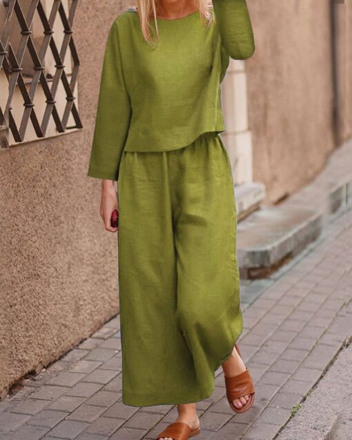 Long Sleeve Tops And Long Wide Leg Pants Casual Loose Fit Two Piece Loungewear Sets - Image 4