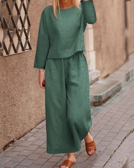 Long Sleeve Tops And Long Wide Leg Pants Casual Loose Fit Two Piece Loungewear Sets - Image 5