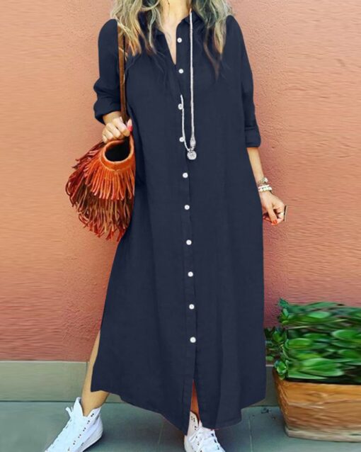 Long Sleeve V Neck Slim Fit Fashion Button Up Dress Sexy Linen Blend Long Dress Shirt Dress - Image 4