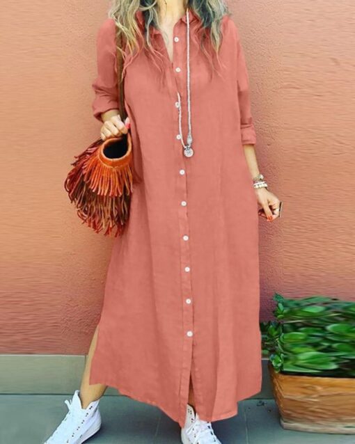 Long Sleeve V Neck Slim Fit Fashion Button Up Dress Sexy Linen Blend Long Dress Shirt Dress