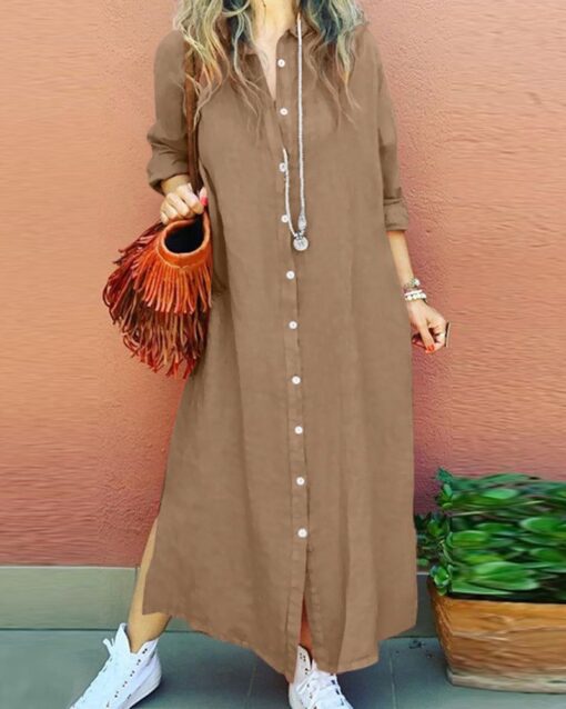 Long Sleeve V Neck Slim Fit Fashion Button Up Dress Sexy Linen Blend Long Dress Shirt Dress - Image 2