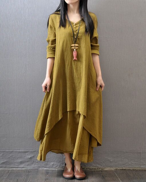 Loose Boho Cotton Maxi Kaftan Dress Layer Casual Long Tunic Dress - Image 4