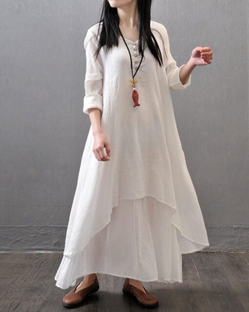 Loose Boho Cotton Maxi Kaftan Dress Layer Casual Long Tunic Dress - Image 2