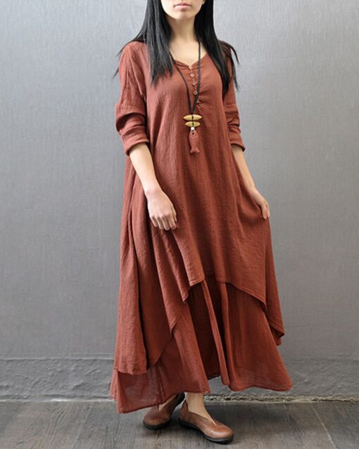 Loose Boho Cotton Maxi Kaftan Dress Layer Casual Long Tunic Dress - Image 9