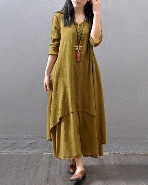 Loose Boho Cotton Maxi Kaftan Dress Layer Casual Long Tunic Dress - Image 5