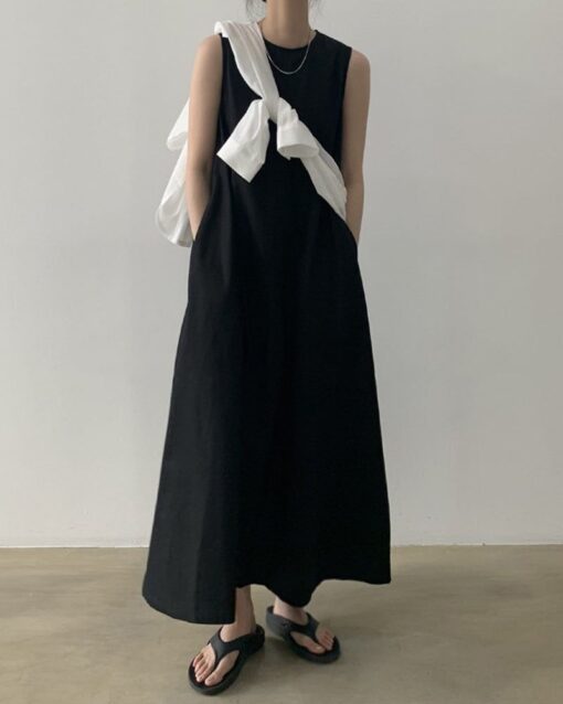 Loose Cotton Linen Dress Long Sleeveless Knee Tank Dress - Image 10