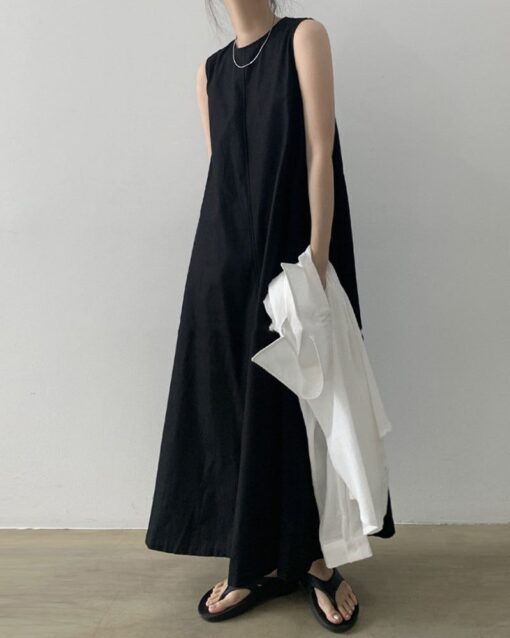 Loose Cotton Linen Dress Long Sleeveless Knee Tank Dress - Image 8