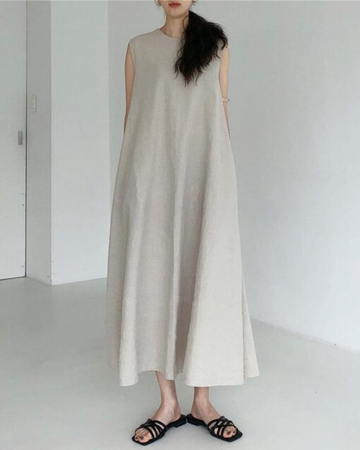 Loose Cotton Linen Dress Long Sleeveless Knee Tank Dress - Image 5